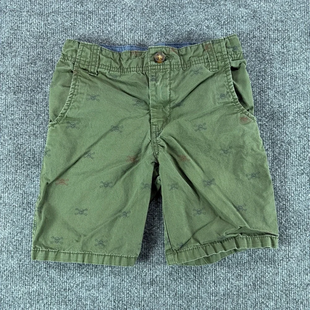 Carters Boys Olive Green Skull Crossbones Print Chino Shorts Size 6 Summer